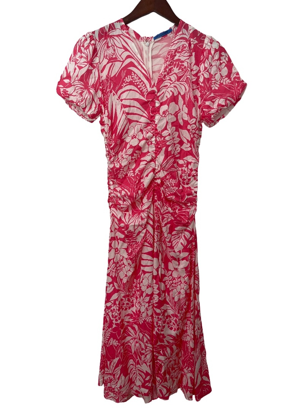 J McLaughlin Dress Womens 4 Pink Floral Ruched Midi Puff Sleeve Tropical
